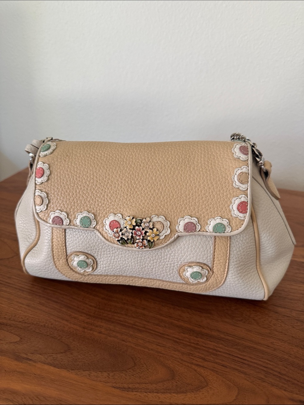 Brighton Beige & Cream Floral-Appliqué Leather Shoulder Bag